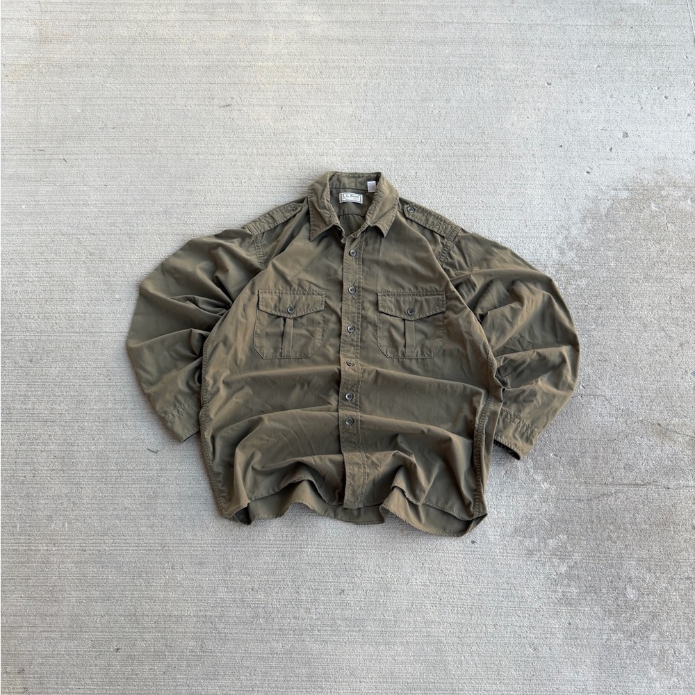 VTG LL Bean Shirt Mens L Green Nylon Long Sleeve Button Up USA Field Military